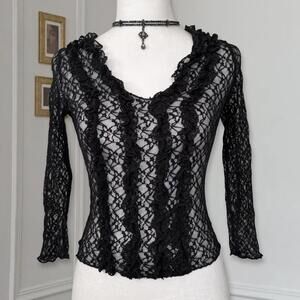 Y2K Sheer Black Lace Ruffle Long Sleeve Top